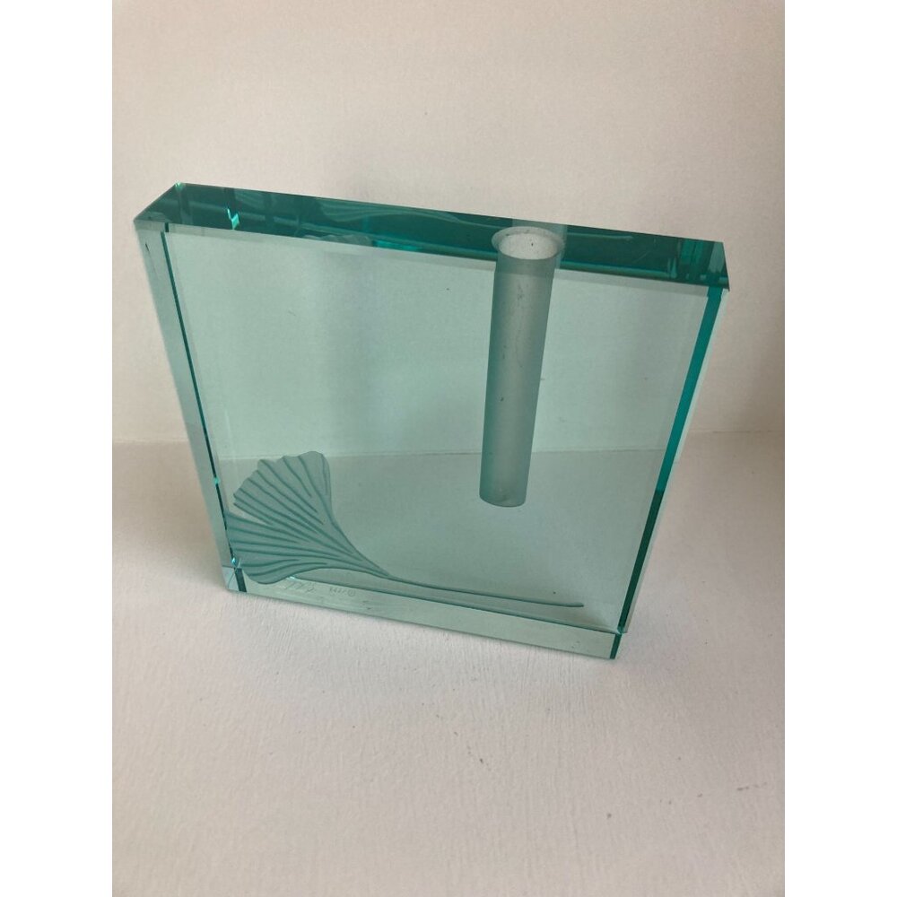 Stephen Schlanser Crystal Glass Etched Ginkgo Leaf  5” Ikebana Vase Signed 1999